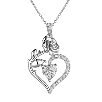 925 Sterling Silver Birthstone Necklace -  Rose Flower Heart Pendant with Chain