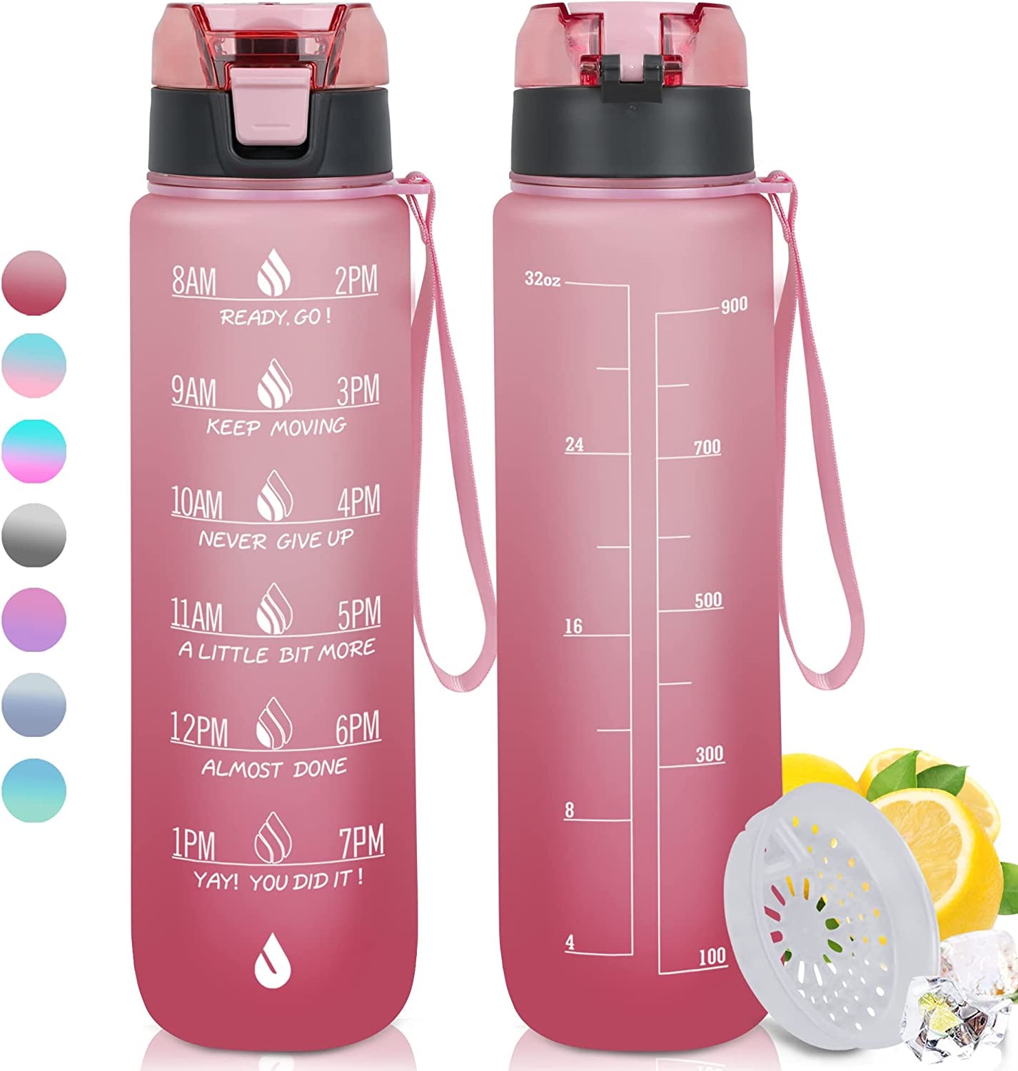  32oz Motivational Water Bottle with Times to Drink,Time Marker & Removable Strainer,Fast Flow,Leakproof Tritan BPA Free Non-Toxic Water Jug for Fitness,Gym,Sports