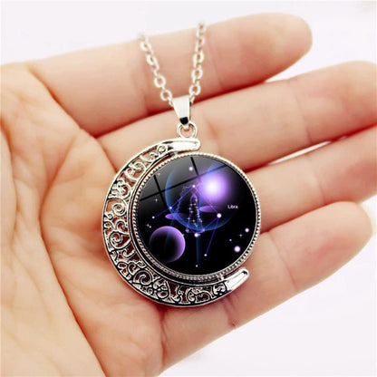 Zodiac Necklace Jewelry Birthday Gifts Astrology 12 Constellation Horoscope Sign Galaxy Crescent Half Moon Pendant Necklace