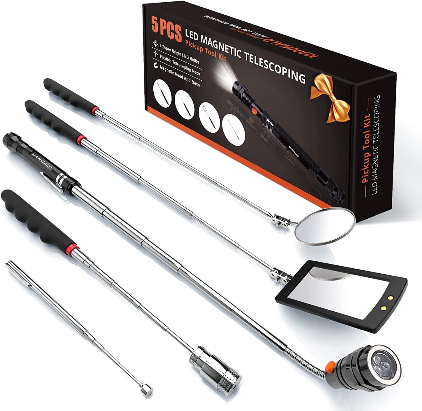  Telescoping Magnetic Pickup Tools, LED Magnetic Flashlights with Extendable Magnet Stick, Birthday Gifts for Men, Dad, Husband, Craftsman and Mechanic, Black