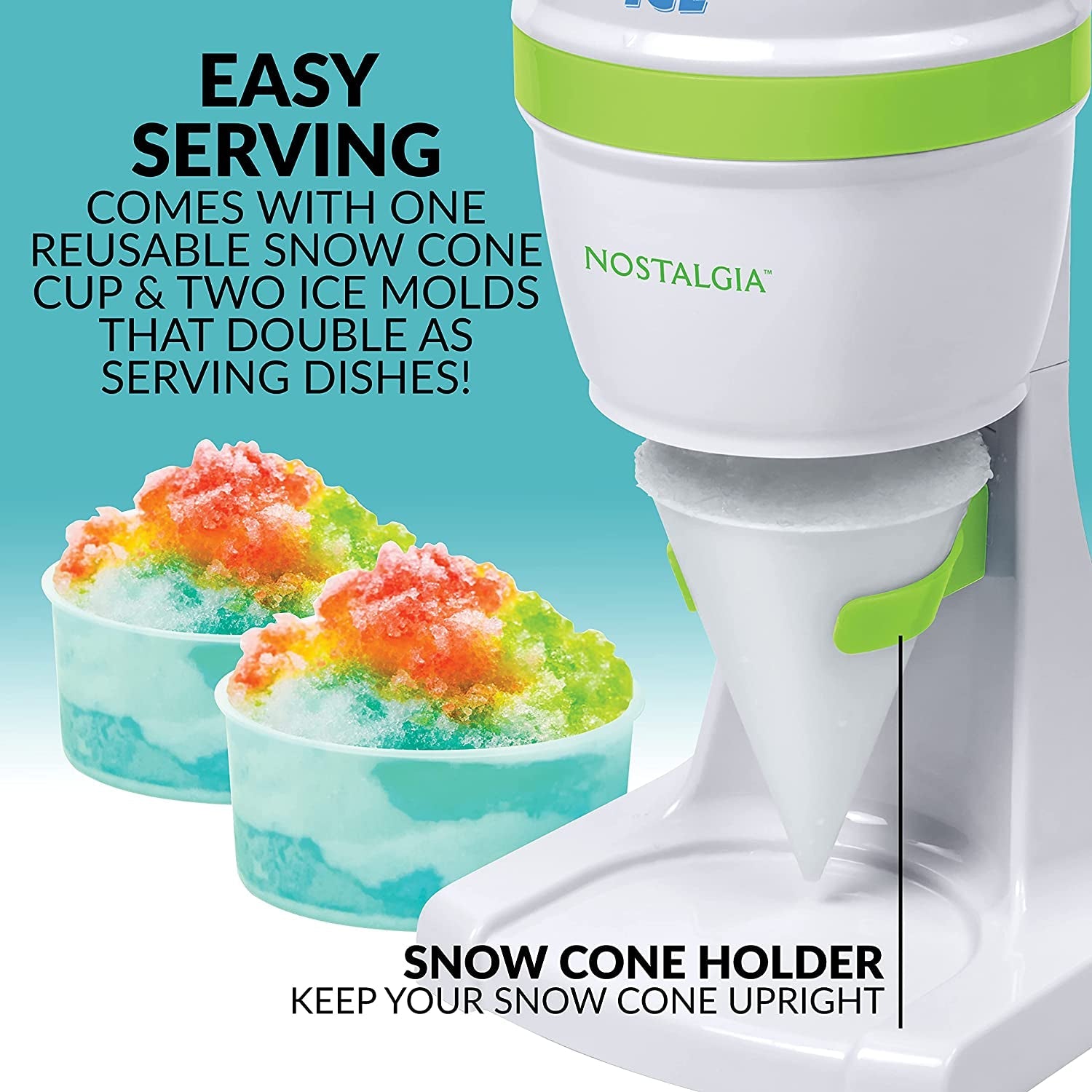  Electric Hawaiian Table-Top Snow Cone Maker, Shaved Ice Machine Includes 1 Reusable Plastic Cup and Ice Molds, White/Green