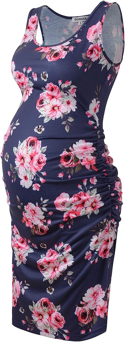  Maternity Tank Dress Bodycon Sleeveless Casual Short Ruched Midi Fitted Dress for Pregnant Women