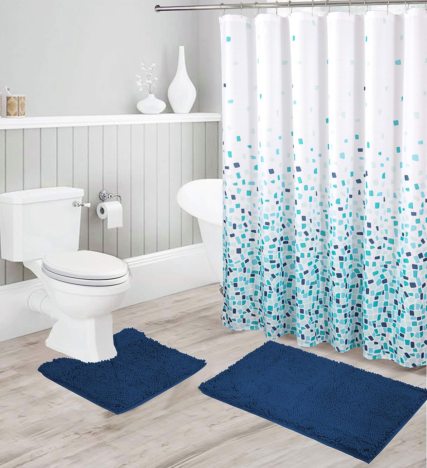 15 Piece Chenille Soft Rug  & Shower Curtain Bath Set - Includes Contour Mat, Bath Mat, Shower Curtain and Stainless Steel Roller Ball Hooks