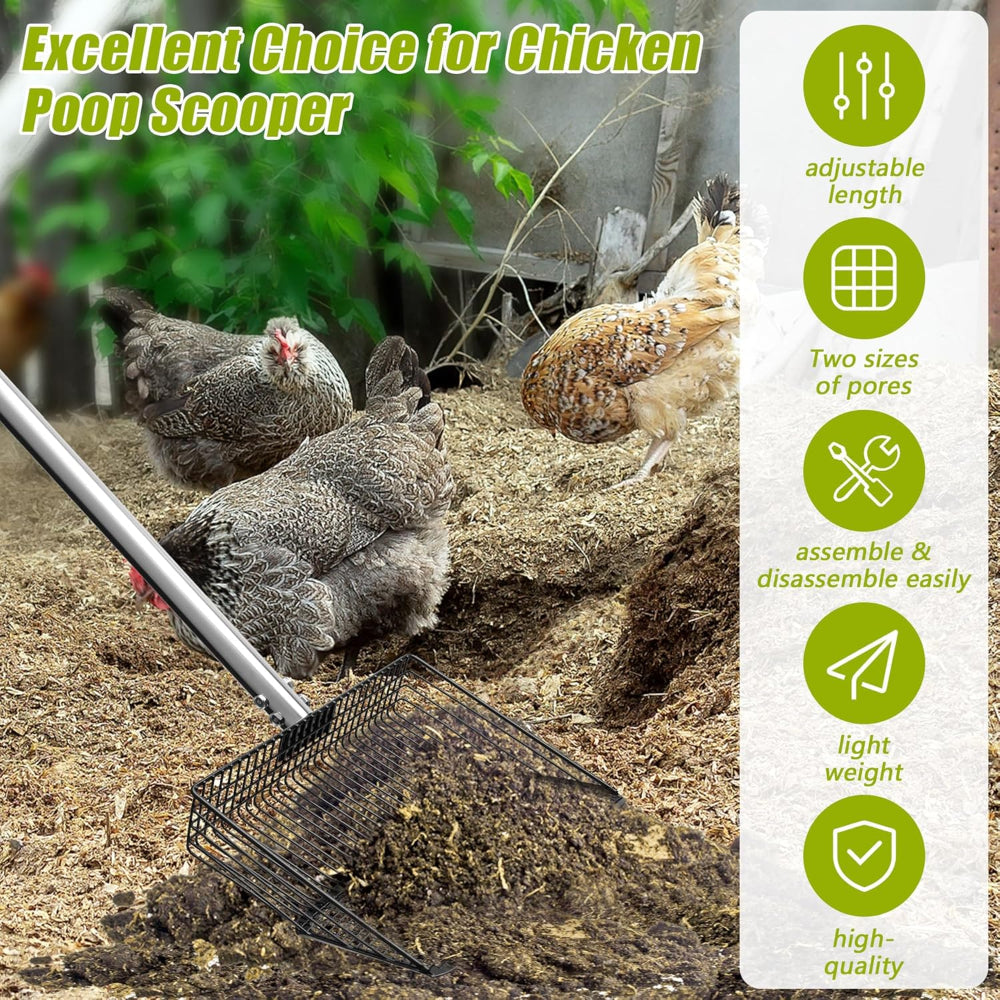 3-in-1 Chicken Coop Scooper – Adjustable Long Handle Use – Metal Sifting Shovel for Poultry Litter Cleaning – Durable Farming Tool