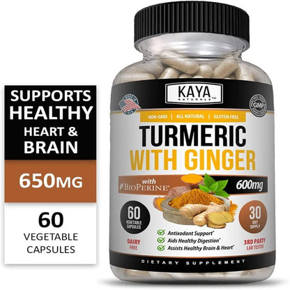 Turmeric Ginger Supplement - Vegan Joint Support with Ginger & Bioperine for High Absorption - 60 Capsule
