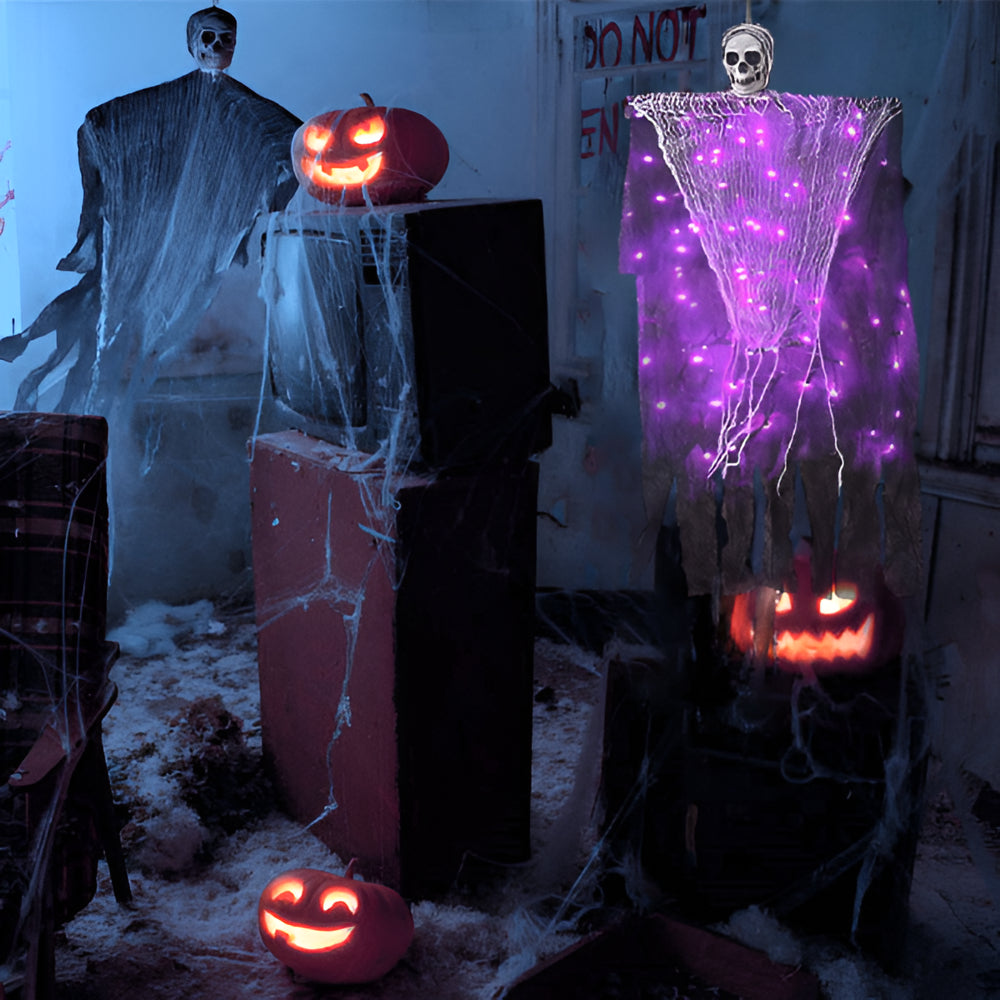 Hanging Halloween Ghosts Decorations, Grim Reaper with Halloween Purple String Lights for Halloween Indoor Outdoor Porch Party Decor