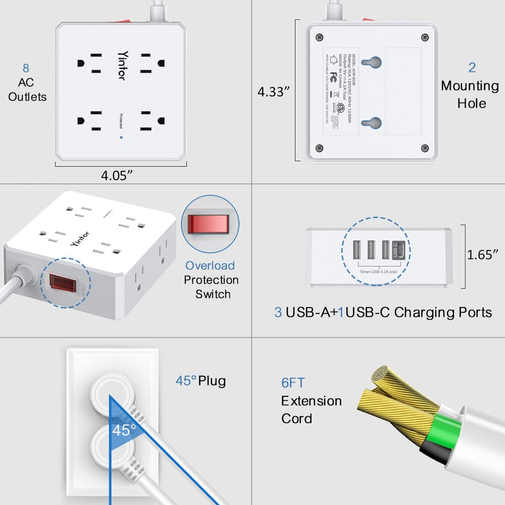 6 Ft Extension Cord Power Strip, 3 Side 8 Widely Surge Protector Outlets with 4 USB Ports,Flat Plug,Wall Mount,Etl,White