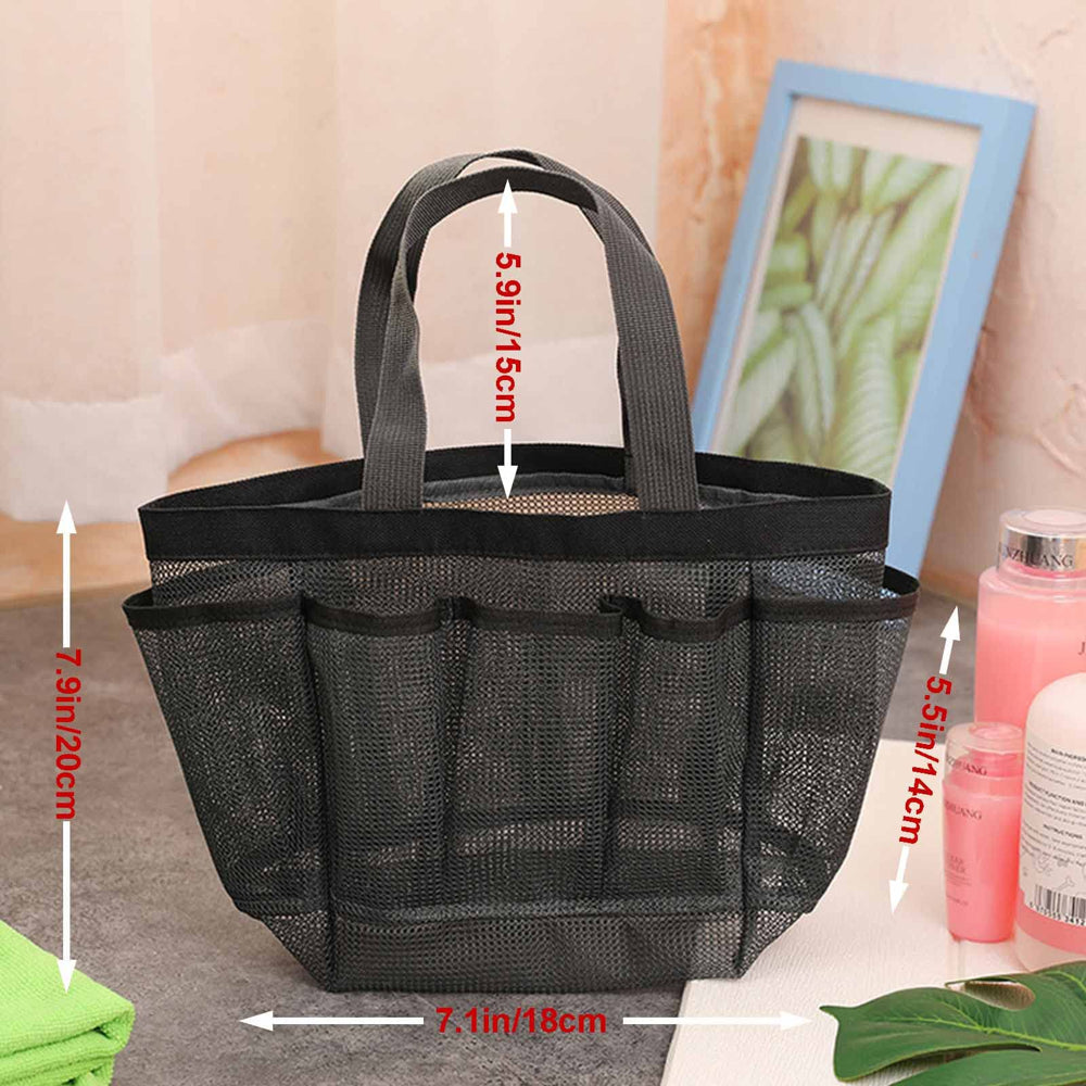 Natural Mesh Shower Caddy Portable Shower Tote Bag for College Dorm Essentials, Bathroom, Gym, Camp, Travel, Hanging Shower Caddy Basket, Quick Dry Toiletry Bag (8-Pockets | Black)