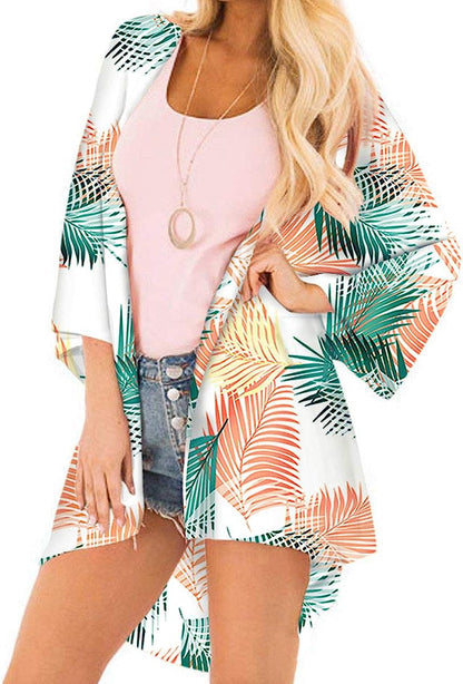  Women Floral Leaf Kimono Summer Cardigan Sheer Loose Half Sleeve Beach Shawl Chiffon Cover Up Casual Blouse Tops