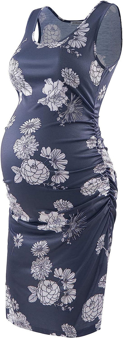  Maternity Tank Dress Bodycon Sleeveless Casual Short Ruched Midi Fitted Dress for Pregnant Women