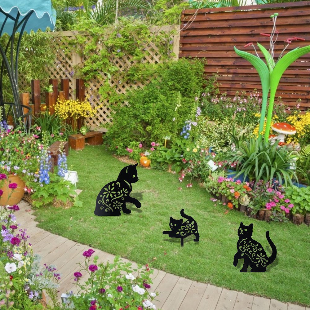 3 Pack Black Cat Silhouette Garden Statues 