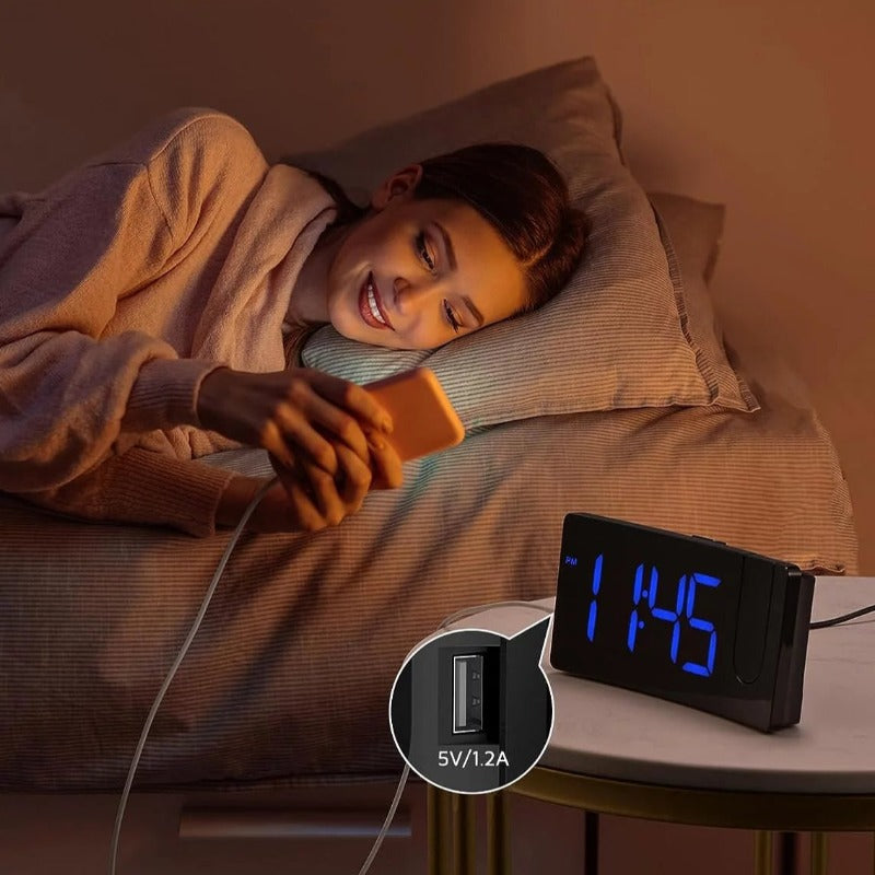 Projection Alarm Clock with 180° Rotatable Projector, 3-Level Brightness, Progressive Volume & USB Charger