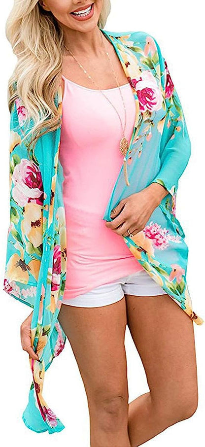  Women Floral Leaf Kimono Summer Cardigan Sheer Loose Half Sleeve Beach Shawl Chiffon Cover Up Casual Blouse Tops