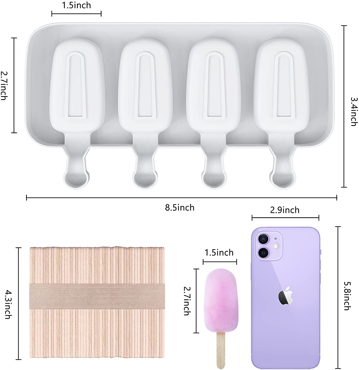 Popsicle Molds Set of 2, Ice Pop Molds Silicone 4 Cavities Ice Cream Mold Oval Cake Pop Mold with 50 Wooden Sticks for DIY Popsicle, Clear