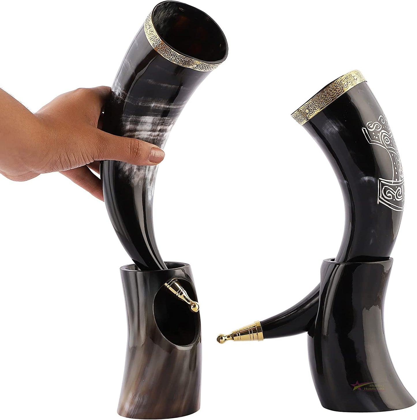 Viking Drinking Horn Mug | Handmade Drinking Horn with Mjolnir Engraved Tankard | Food Safe Medieval Game of Thrones Horn | For Hot & Cold Drink (1 Piece)
