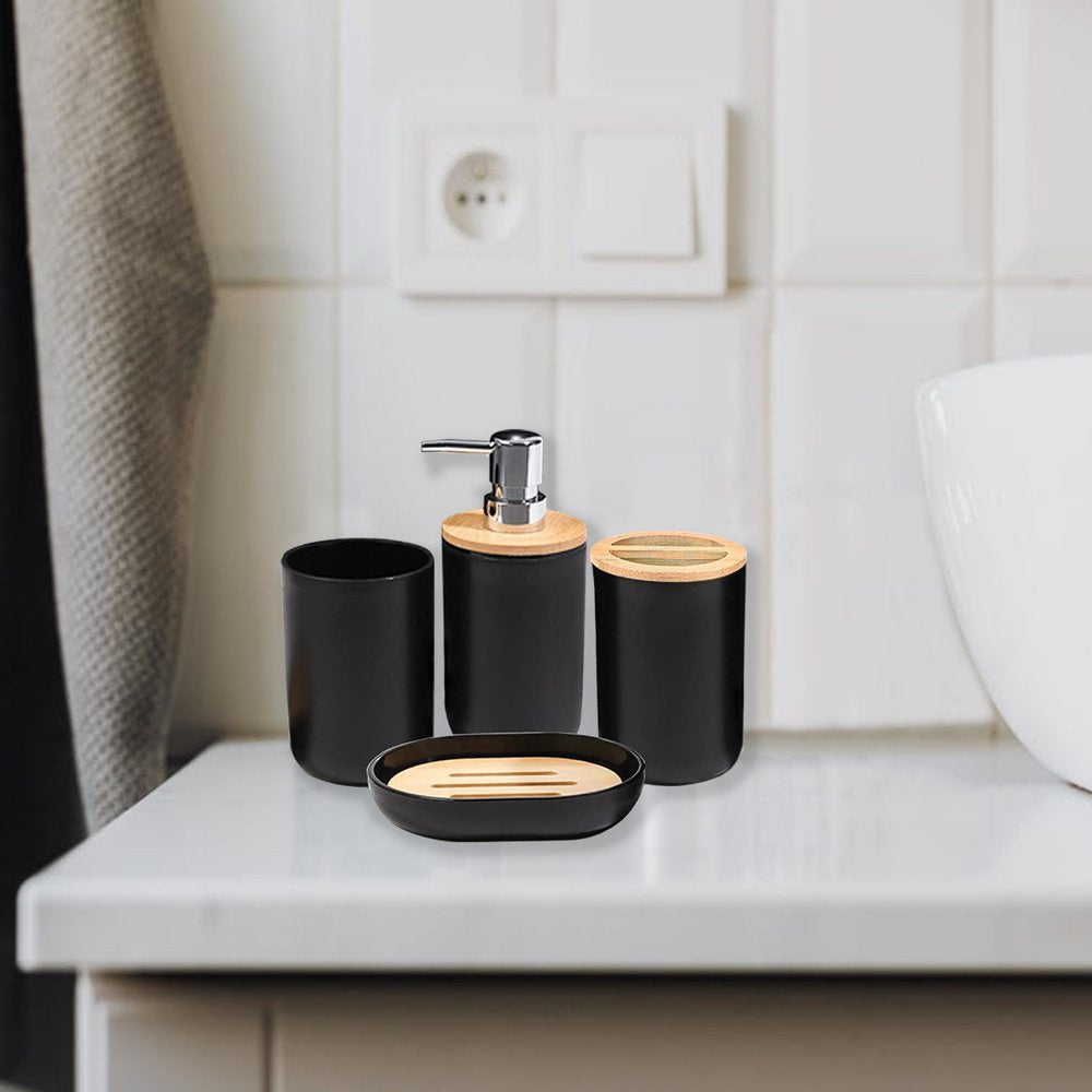 6 Pieces Bath Set- Soap Dish Toothbrush Holder Rinse Cup Lotion Bottle Trash Can Toilet Brush - Practical Toilet Kit for Home Washing Room，Black