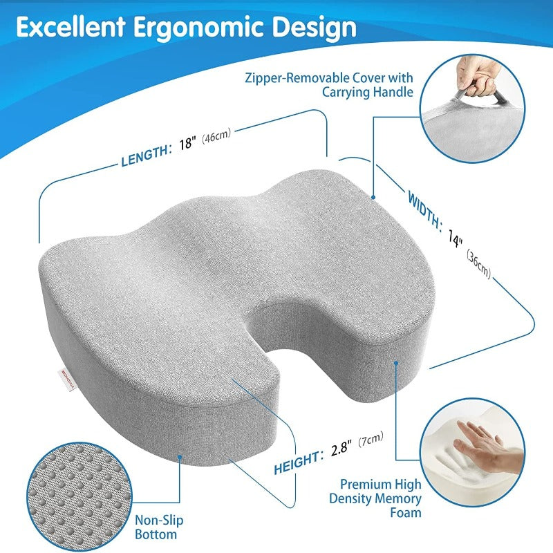 Coccyx-Tail Bone Memory Foam Seat Cushion, Non-Slip Desk Chair Car Seat Cushion for Back Pain, Sciatica Relief