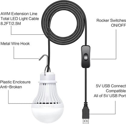  USB LED Light Bulb Camping Latern Outdoor Light with Simple Switch, Portable LED Bulb 5V 5W for Garage Warehouse Car Truck Fishing Boat Outdoor Emergency Light White Lamp 2.5m/8.2ft…