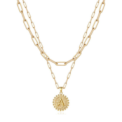 Gold Initial Necklaces for Women Girls 14K Gold Plated Dainty Layering Paperclip Link Chain Necklace Coin Initial Layered Gold Necklaces for Women