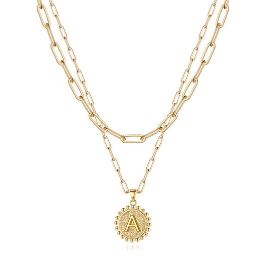 Gold Initial Necklaces for Women Girls 14K Gold Plated Dainty Layering Paperclip Link Chain Necklace Coin Initial Layered Gold Necklaces for Women