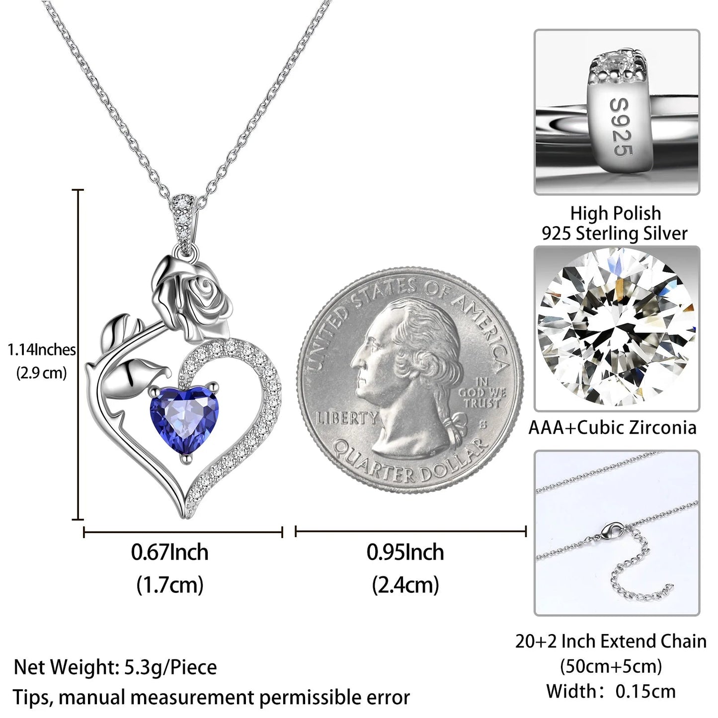 925 Sterling Silver Birthstone Necklace -  Rose Flower Heart Pendant with Chain