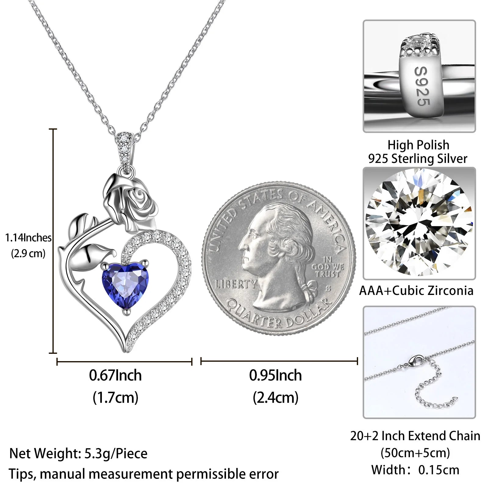 925 Sterling Silver Birthstone Necklace -  Rose Flower Heart Pendant with Chain