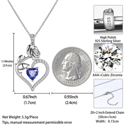925 Sterling Silver Birthstone Necklace -  Rose Flower Heart Pendant with Chain