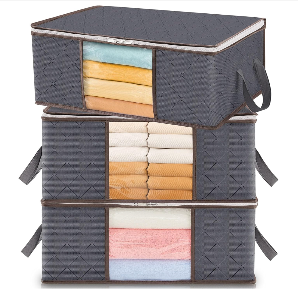 3-Pack Clothes Storage Bins – Foldable Blanket Bags with Lids & Zippers, Clear Window Closet Organizer for Clothing & Bedding