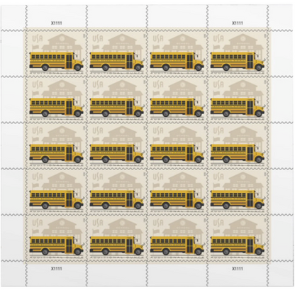 School Bus Additional Ounce USPS Postage Stamps - 1 Sheet of 20