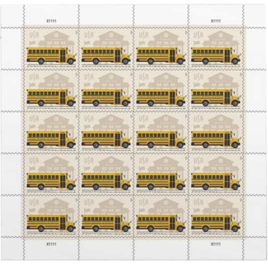 School Bus Additional Ounce USPS Postage Stamps - 1 Sheet of 20