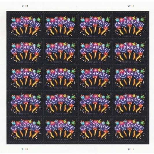 Neon Celebrate! USPS First-Class Mail Forever Postage Stamps - 1 Sheet of 20
