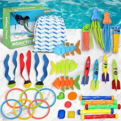 30 Pcs Pool Toy Set with Storage Bag & Water Toys Swim Learning & Diving Skill Development for Kids
