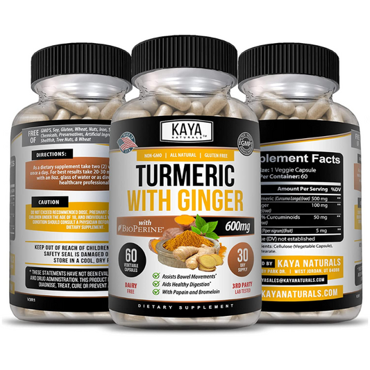 Turmeric Ginger Supplement - Vegan Joint Support with Ginger & Bioperine for High Absorption - 60 Capsule