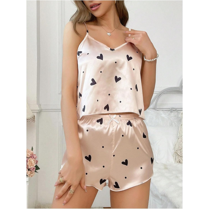 Women's 2-Piece Heart Print Satin Pajama Set