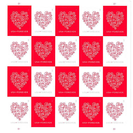 USPS Forever Hearts Forever Stamps - Sheet of 20 Postage Stamps