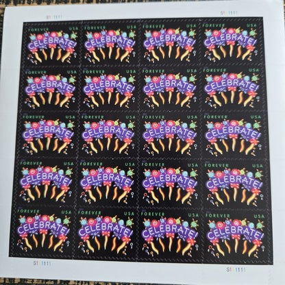Neon Celebrate! USPS First-Class Mail Forever Postage Stamps - 1 Sheet of 20