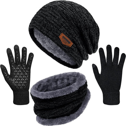 3 Pieces Winter Fleece Lined Beanie Hat, Scarf and Touchscreen Gloves Set
