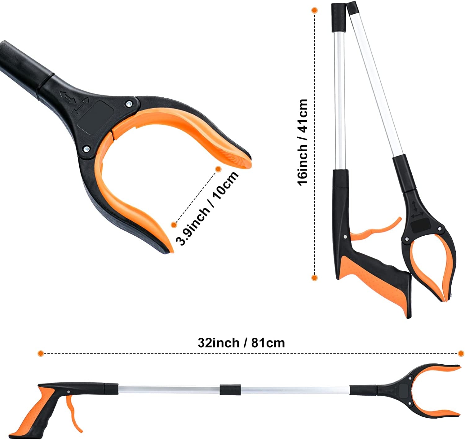 Grabber Reacher Tool,32 Inch Extra Long Foldable Pick Up Stick with Strong Grip Magnetic,360°Rotating Anti-Slip Jaw,Trash Claw Grabber Tool,Trash Picker Tool for Outdoor & Indoor(Orange)