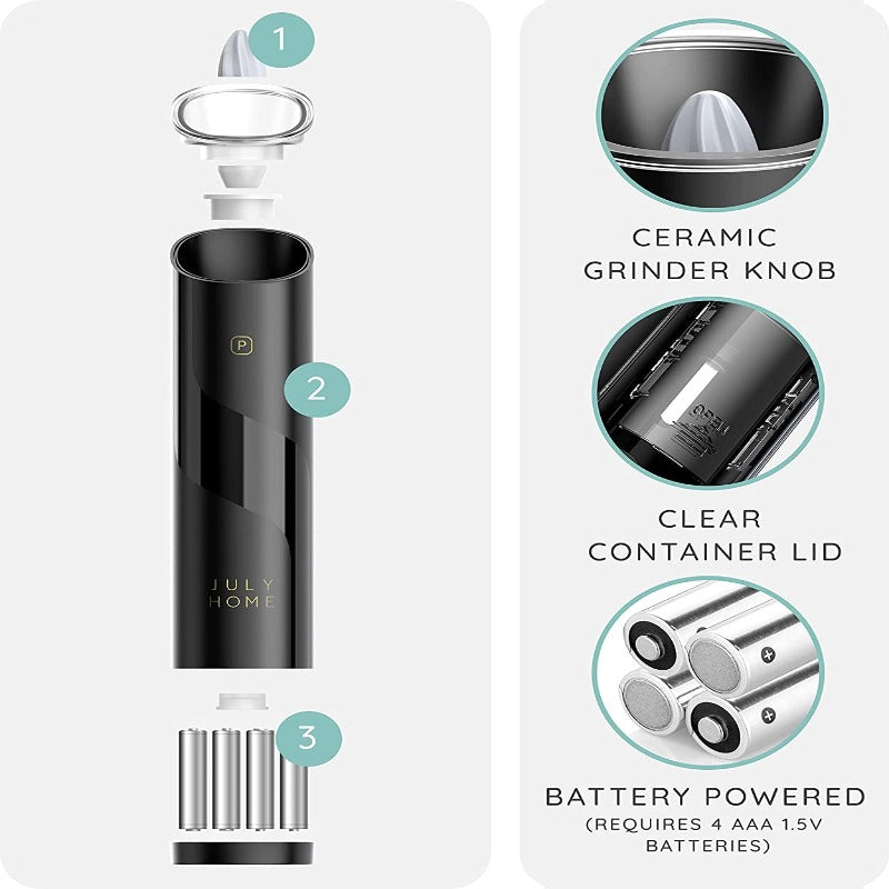 2 Piece Gravity Electric Salt and Pepper Grinder Set - Battery Operated, Adjustable Coarseness, One Hand Operation with LED Light and Cleaning Brush