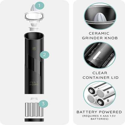 2 Piece Gravity Electric Salt and Pepper Grinder Set - Battery Operated, Adjustable Coarseness, One Hand Operation with LED Light and Cleaning Brush