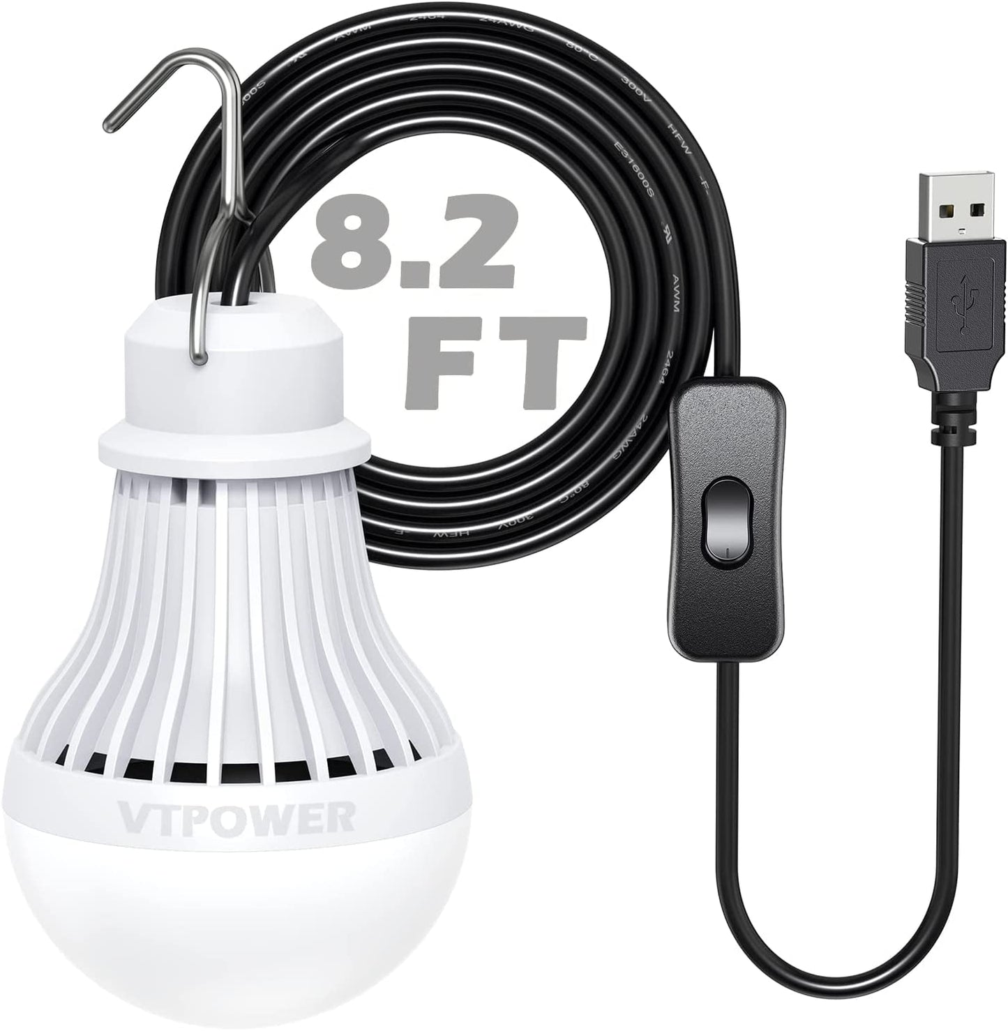  USB LED Light Bulb Camping Latern Outdoor Light with Simple Switch, Portable LED Bulb 5V 5W for Garage Warehouse Car Truck Fishing Boat Outdoor Emergency Light White Lamp 2.5m/8.2ft…