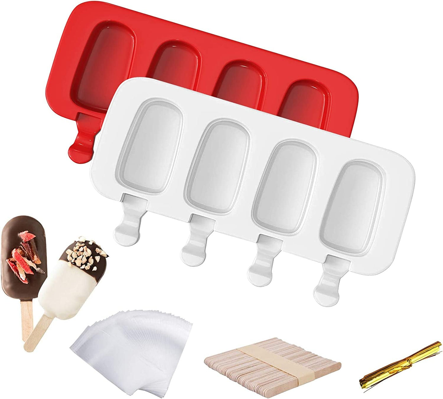 Popsicle Molds Set of 2, Ice Pop Molds Silicone 4 Cavities Ice Cream Mold Oval Cake Pop Mold with 50 Wooden Sticks for DIY Popsicle, Clear