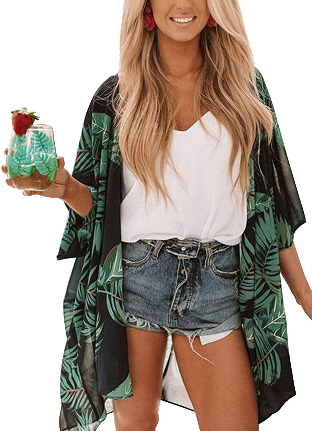  Women's Flowy Summer Chiffon Kimono Cardigans Tops Boho Floral Beach Cover Ups Casual Loose Shirts