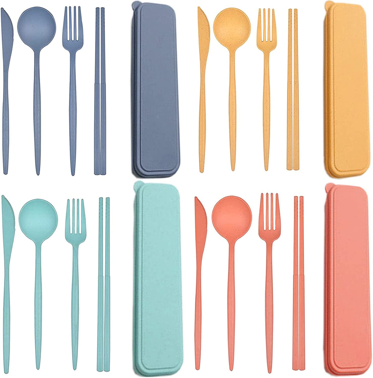 4 Sets Plastic Spoons and Forks Set Plastic Silverware, Portable Reusable Utensils Set with Case for Lunch Box, Picnic, Travel, Camping
