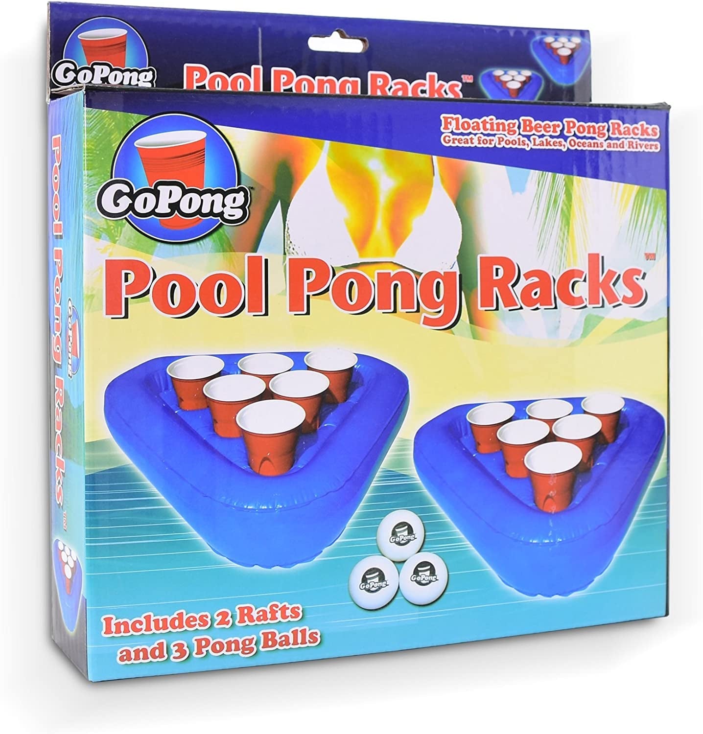 Pool Pong Rack Floating Beer Pong Set, Includes 2 Rafts and 3 Pong Balls
