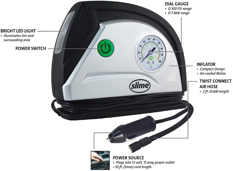 12V Tire Inflator, Portable Car Air Compressor with Analog 100 psi Dial Gauge, Long Hose and LED Light