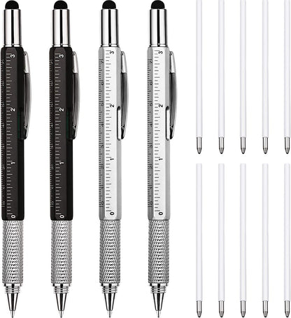 4 Pieces Gift Pen for Men 6 in 1 Multitool Tech Tool Pen Screwdriver Pen with Ruler, Levelgauge, Ballpoint Pen and Pen Refills, Unique Gifts for Men (Red, Green, Blue, Gray)