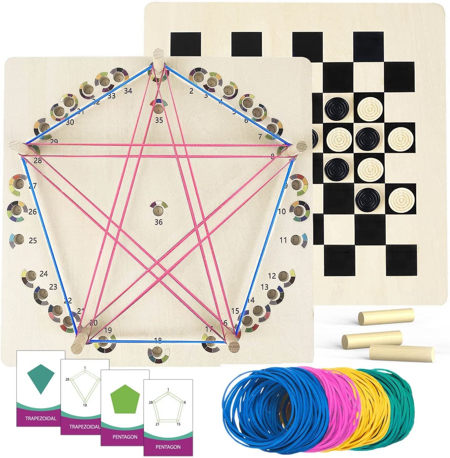 Upgraded Wooden Geoboard with Othello Board Game - Educational Montessori Toys Wooden Geoboards with Rubber Bands and Pattern Cards, Math Manipulative Material STEM Puzzle Brain Teaser Gift for Kid