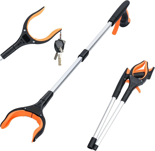 Grabber Reacher Tool,32 Inch Extra Long Foldable Pick Up Stick with Strong Grip Magnetic,360°Rotating Anti-Slip Jaw,Trash Claw Grabber Tool,Trash Picker Tool for Outdoor & Indoor(Orange)