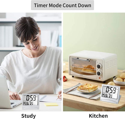 KANBIT Digital Travel Alarm Clock Battery Operated, Portable Large Number Display Alarm Clock with Temperature,12/24 H Small Desk Clock -Silver (NO Light)